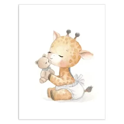 Bébé girafe. Le premier câlin. Affiche A3, poster animaux bébés