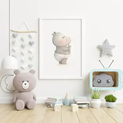 Affiche bébé hippopotame. Je me tiens debout, aquarelle A5 18x24 poster naissance