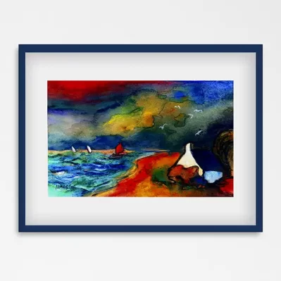 Affiche paysage. Tempête sur les côtes bretonnes. petit format pastel aquarelle, 18x24 ou A5