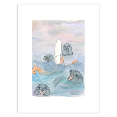 Affiche A3 (29,7x42cm) Les Bigoudènes, Baignade aux Étocs avec les otaries