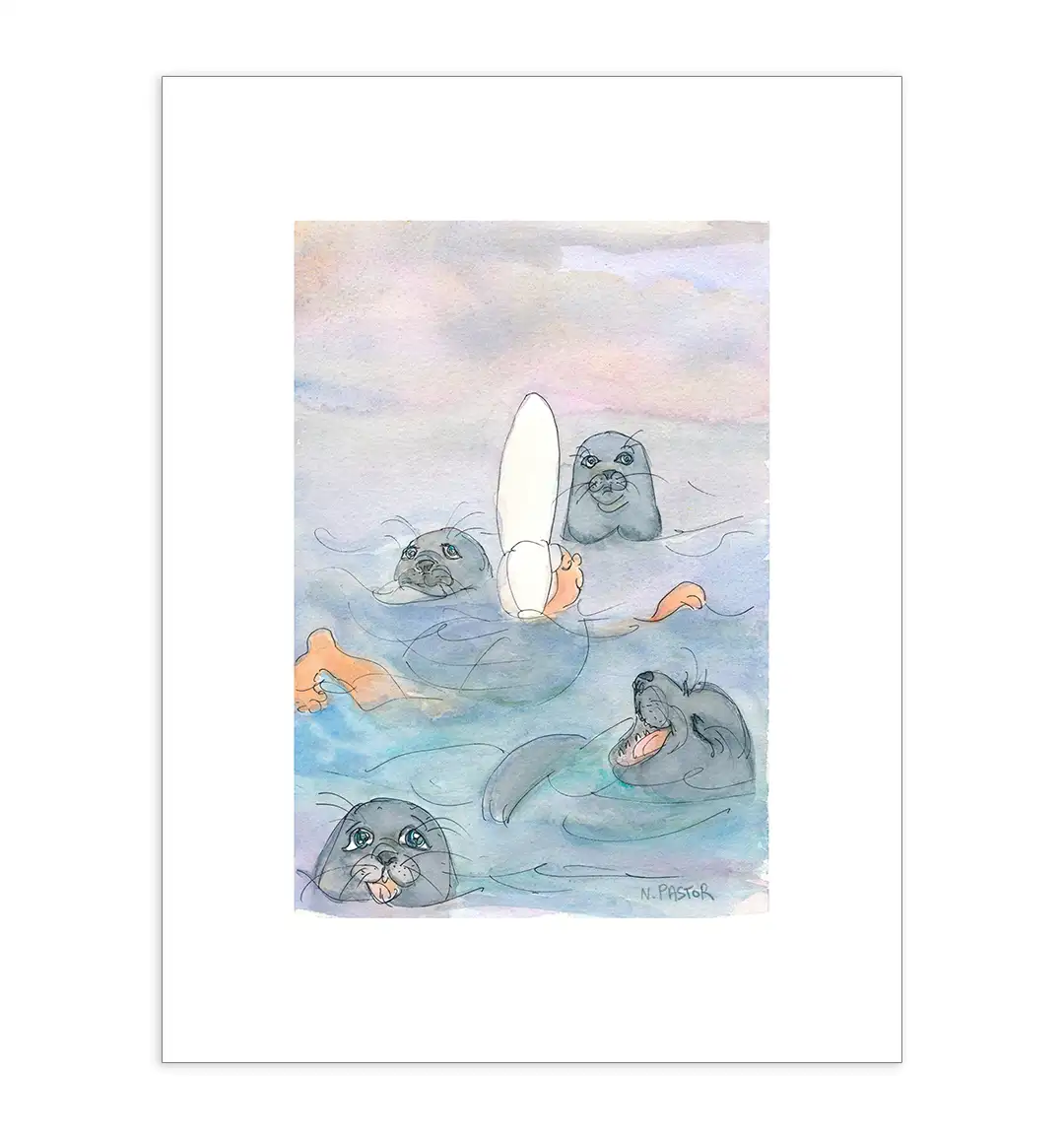 Affiche A4 Les Bigoudènes, Baignade aux Étocs avec les otaries