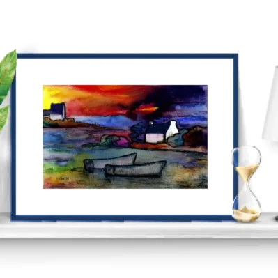 Affiche paysage.Maisons bretonnes au bord de la mer. Petit format pastel aquarelle, 18x24 ou A5