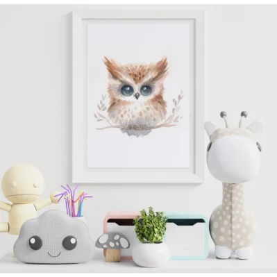 Affiche encadrée hibou grand-duc animaux des bois, aquarelle A5 18x24 poster animaux forêt