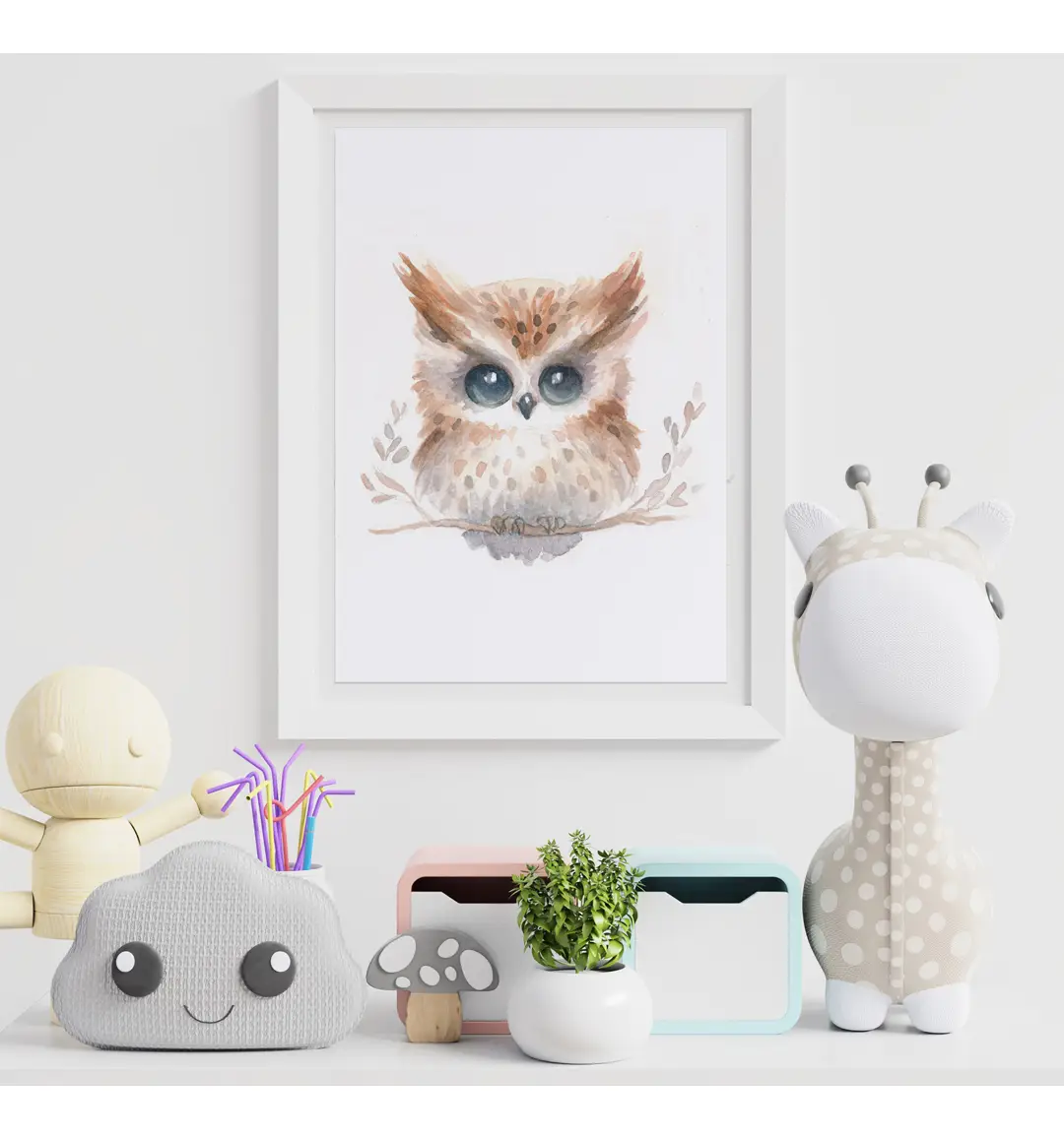 Affiche encadrée hibou grand-duc animaux des bois, aquarelle A5 18x24 poster animaux forêt