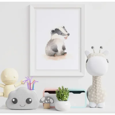 Affiche encadrée blaireau aquarelle, cadeau bébé naissance