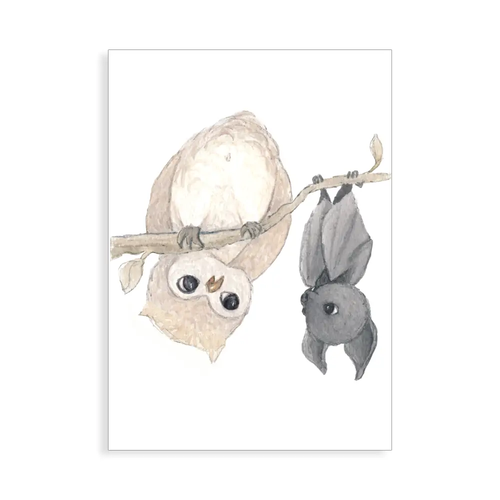 Hibou et chauve-souris, Affiche A3, poster animaux des bois déco chambre enfant