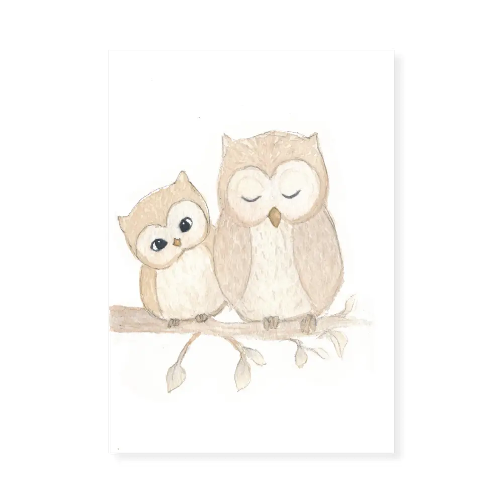 Bébé chouette et sa maman. Affiche A3, poster animaux forêt décoration chambre enfant
