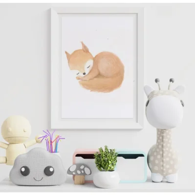 Affiche petit écureuil endormi, animaux des bois, aquarelle A5 18x24 poster décoration chambre enfant