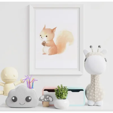 Le repas du petit écureuil. Affiche A4, poster animaux forêt décoration chambre enfant