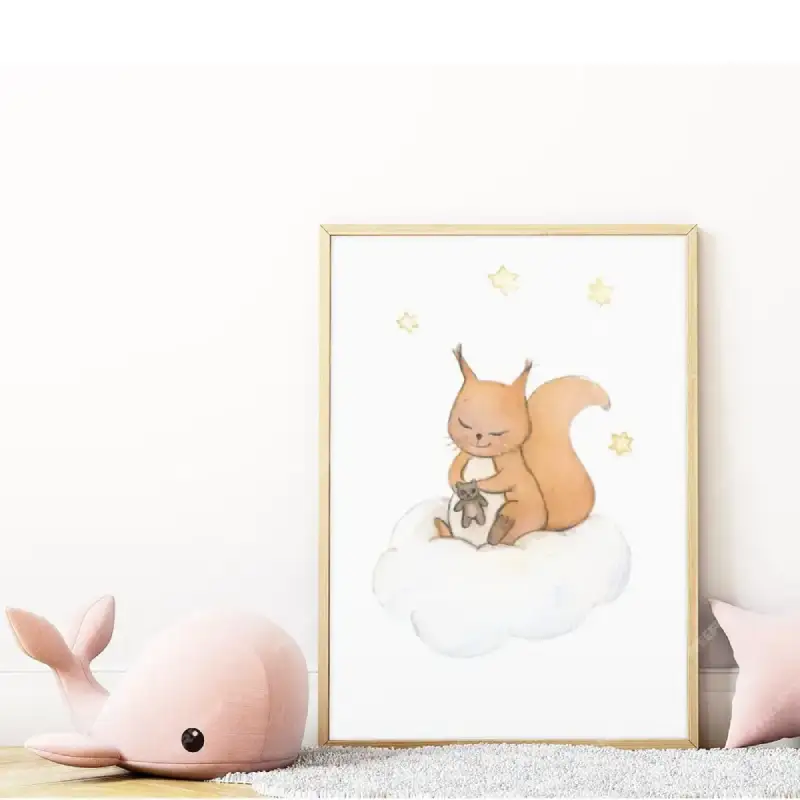 Petit écureuil et son doudou, Affiche A3, poster animaux des bois décoration chambre enfant