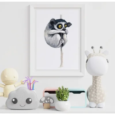 Affiche encadrée petit indri, animaux sauvages, aquarelle