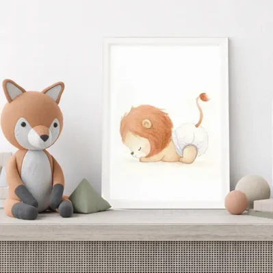 Petit lion dort pour la première fois à la maison, Affiche A4, poster animaux bébés