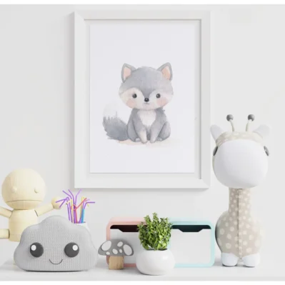 Affiche encadrée petit loup gris aquarelle A5 18x24