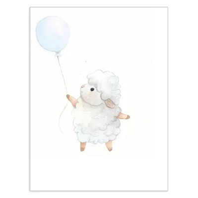 Petit mouton s'envolant avec un ballon bleu Affiche A3, poster animaux de la ferme
