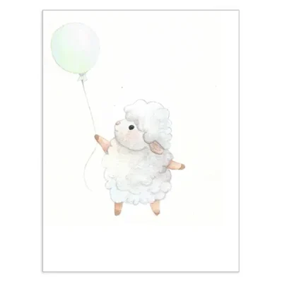 Petit mouton s'envolant avec un ballon vert Affiche A3, poster animaux de la ferme