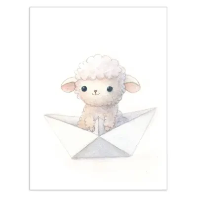 Petit mouton dans un bateau, cocotte en papier Affiche A3, poster animaux de la ferme
