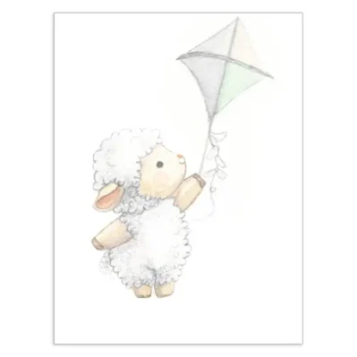 Petit mouton s'envolant avec un cerf-volant vert Affiche A3, poster animaux de la ferme