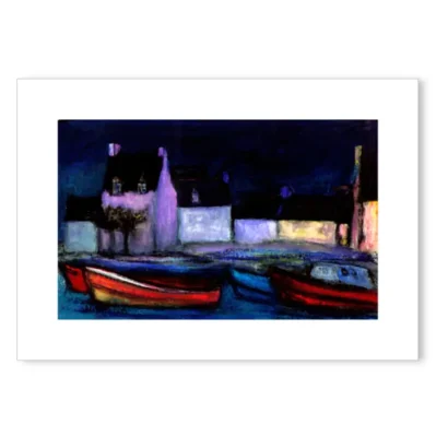 Affiche paysage de Bretagne, Bateaux de pêcheurs dans la nuit, format A4