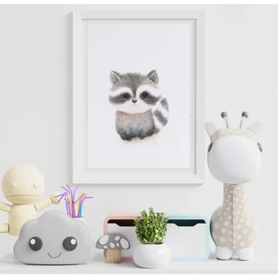 Affiche encadrée raton laveur animaux des bois, aquarelle