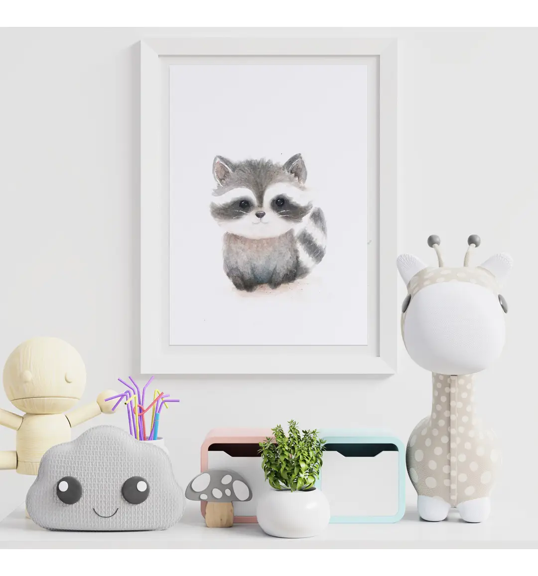 Affiche encadrée raton laveur animaux des bois, aquarelle