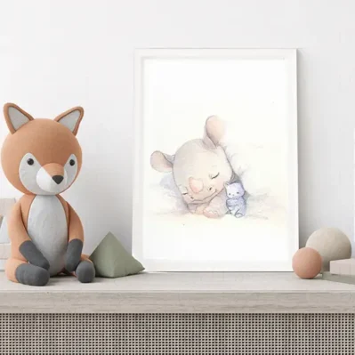 Bébé Rhinocéros. Ta première nuit complète, doudou bleu, Affiche A3, poster animaux bébés