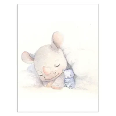 Bébé Rhinocéros. Ta première nuit complète, doudou bleu, Affiche A4, poster animaux bébés
