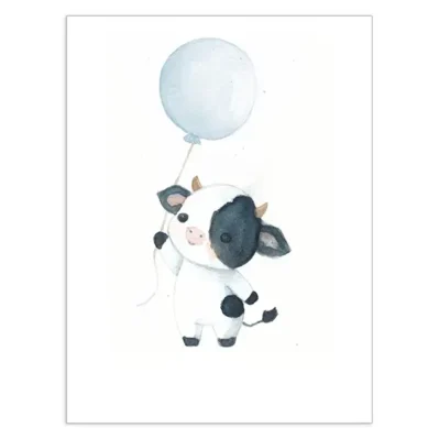 Petite vache avec un ballon bleu, Affiche A3, poster animaux de la ferme décoration chambre enfant