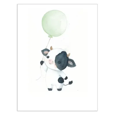 Petite vache avec un ballon vert, Affiche A3, poster animaux de la ferme décoration chambre enfant