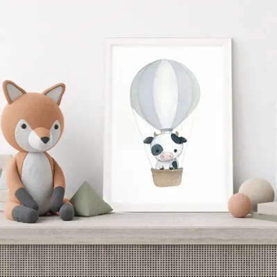 Petite vache en montgolfière bleue, Affiche A4, poster animaux de la ferme décoration chambre enfant