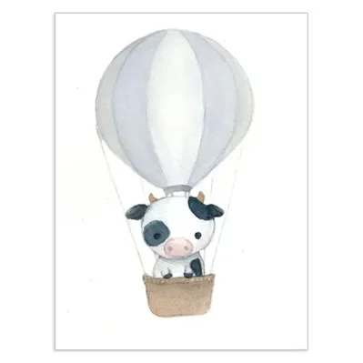 Petite vache en montgolfière bleue, Affiche A3, poster animaux de la ferme décoration chambre enfant