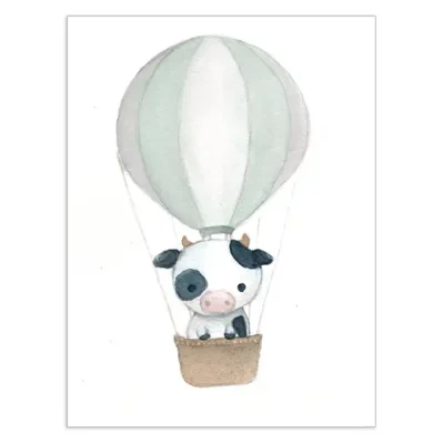Petite vache en montgolfière verte, Affiche A3, poster animaux de la ferme décoration chambre enfant