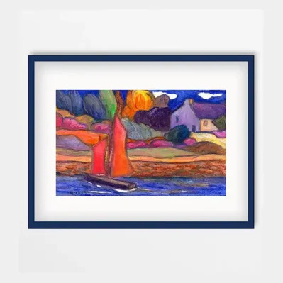 Affiche paysage breton encadrée. La voile rouge.