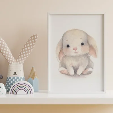 Affiche encadrée adorable petit lapin bélier, aquarelle enfant