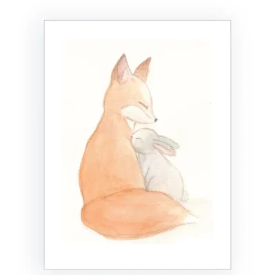 Amitié. Renard et lapin. Aquarelle pour enfant