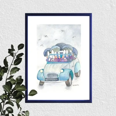 Affiche petit format Bretagne, Covoiturage bigouden, balade en deux-chevaux