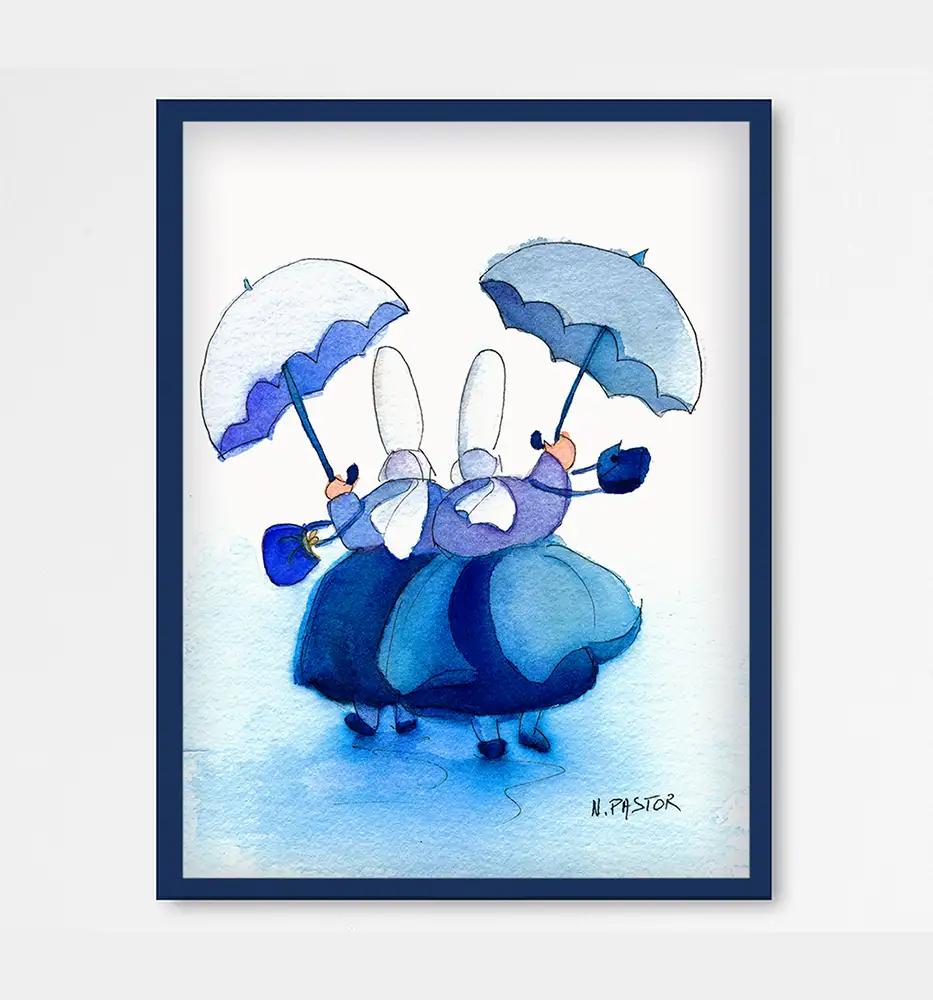 Aquarelle digraphique. Bigoudènes bleues sous la pluie. – Image 2