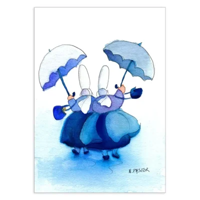 Aquarelle digraphique. Bigoudènes bleues sous la pluie.