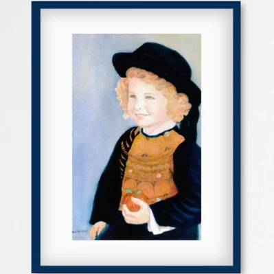 Affiche costume breton, Petit garçon bigouden à la pomme