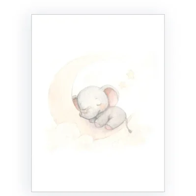 Affiche pour enfants. Petit éléphant endormi sur la lune.