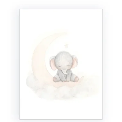 Affiche pour enfants. Petit éléphant rêveur dans la lune.