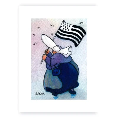 Aquarelle digraphique. La Bigoudène et le gwen-a-du