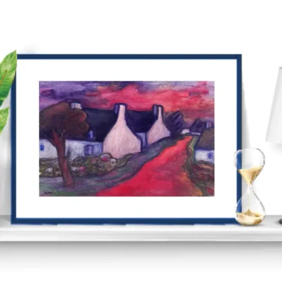 Affiche paysage. Hameau breton en hiver. petit format pastel aquarelle, 18x24 ou A5