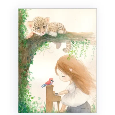 Aquarelle La petite pianiste et le léopard.