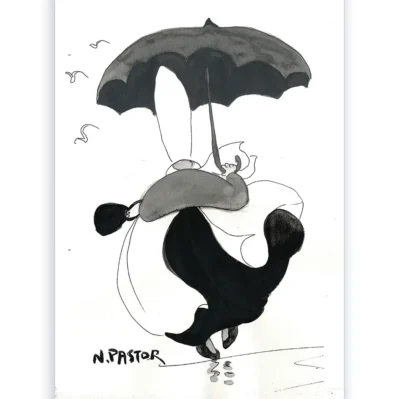 Encre de Chine originale. Bigoudène au parapluie cassé. 30x40cm