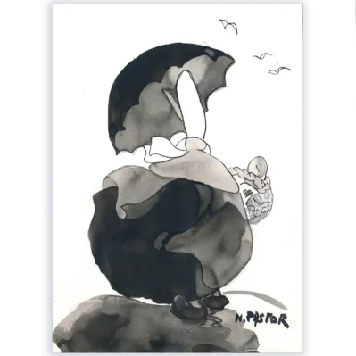 Encre de Chine originale. Retour du marché sous la pluie