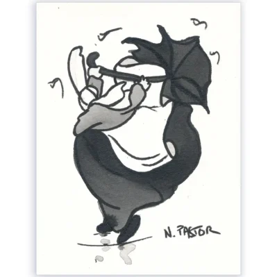 Bigoudène au parapluie cassé. Encre de Chine originale