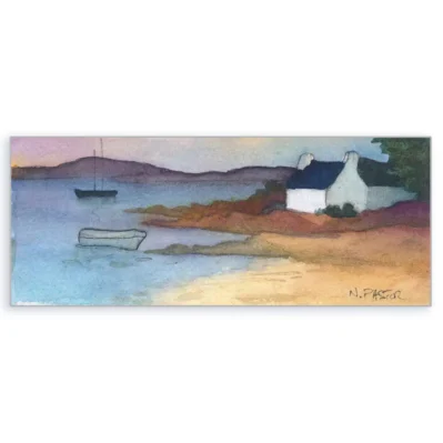 Maisons bretonnes au crépuscule, Paysage miniature panoramique aquarelle