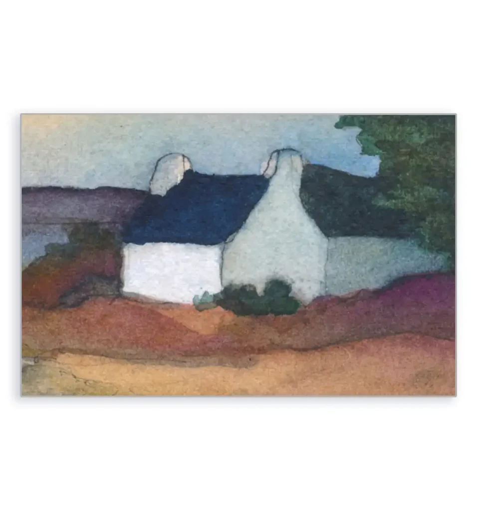 Détail Maisons bretonnes au crépuscule, aquarelle miniature originale