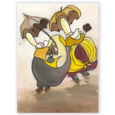 Encre de Chine et de couleur originale. Deux Bigoudènes dans le vent