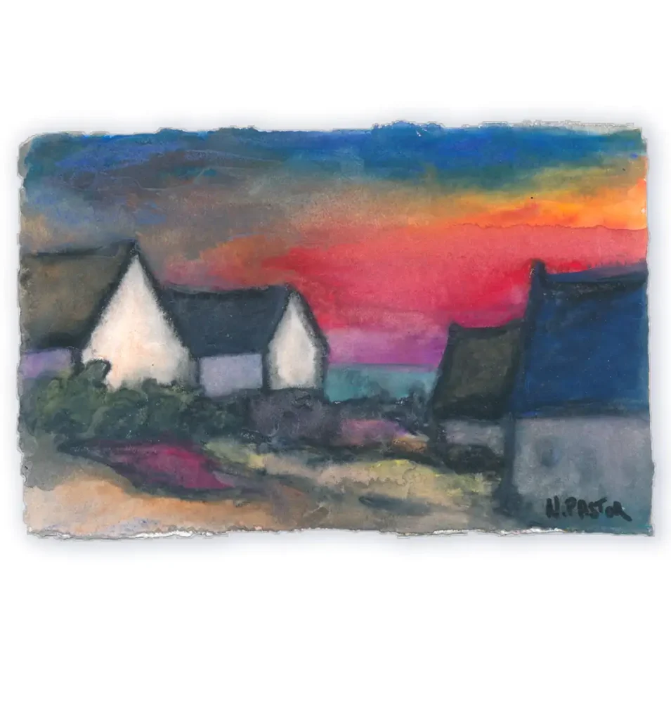 Paysage breton aux craies pastels aquarellables originale. Bretagne, terre de feu